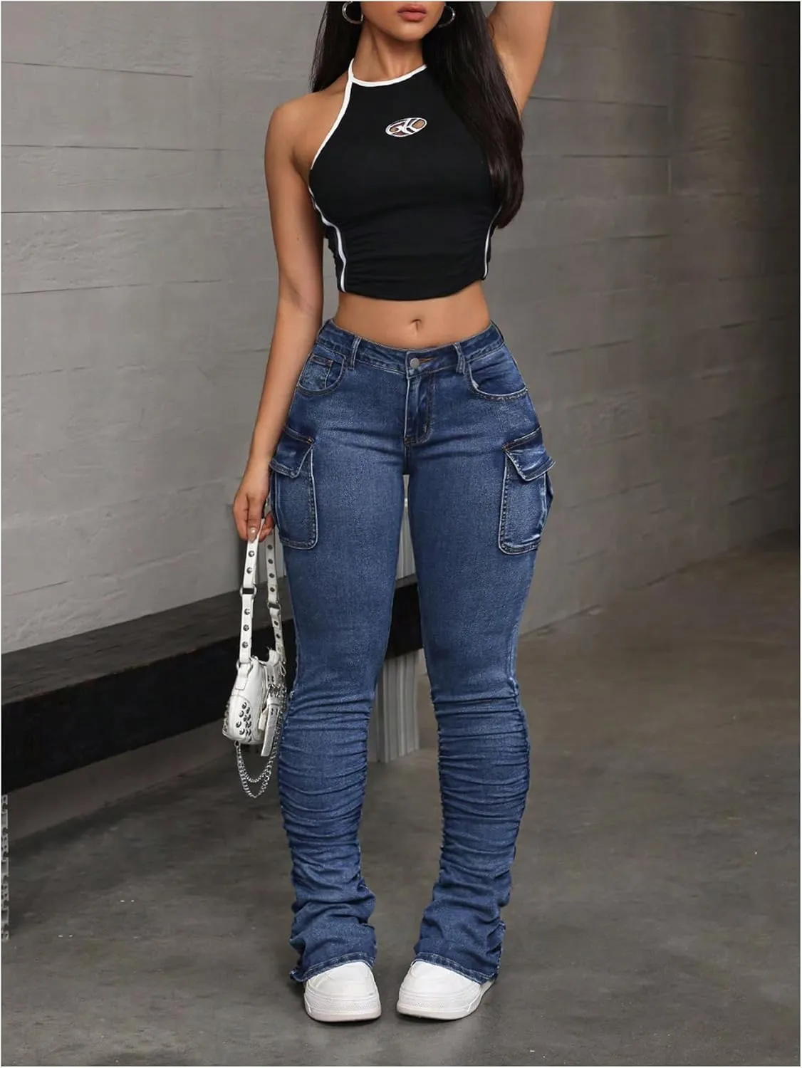 MakeMeChic Women's Vintage Denim Pants Ruched Skinny Y2K Cargo Jeans with Pockets
