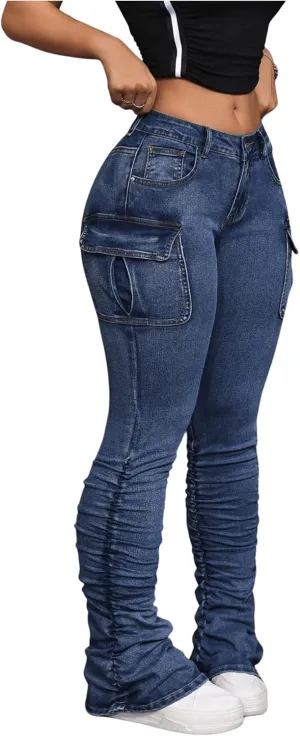 MakeMeChic Women's Vintage Denim Pants Ruched Skinny Y2K Cargo Jeans with Pockets