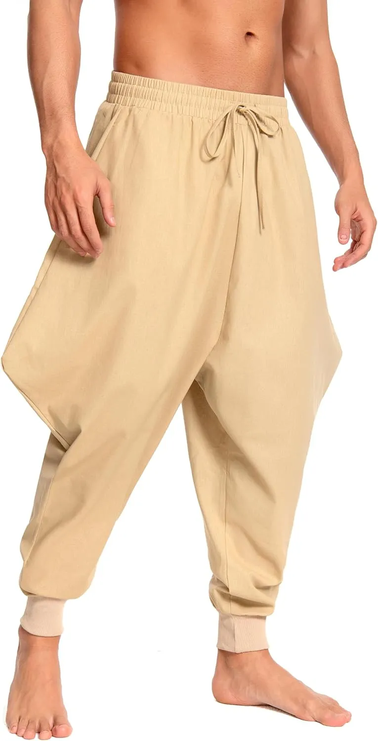 Men's Aladdin Hippie Harem Pants Loose Cotton Linen Drop Crotch Trousers Casual Baggy Elastic Waist Yoga Pants