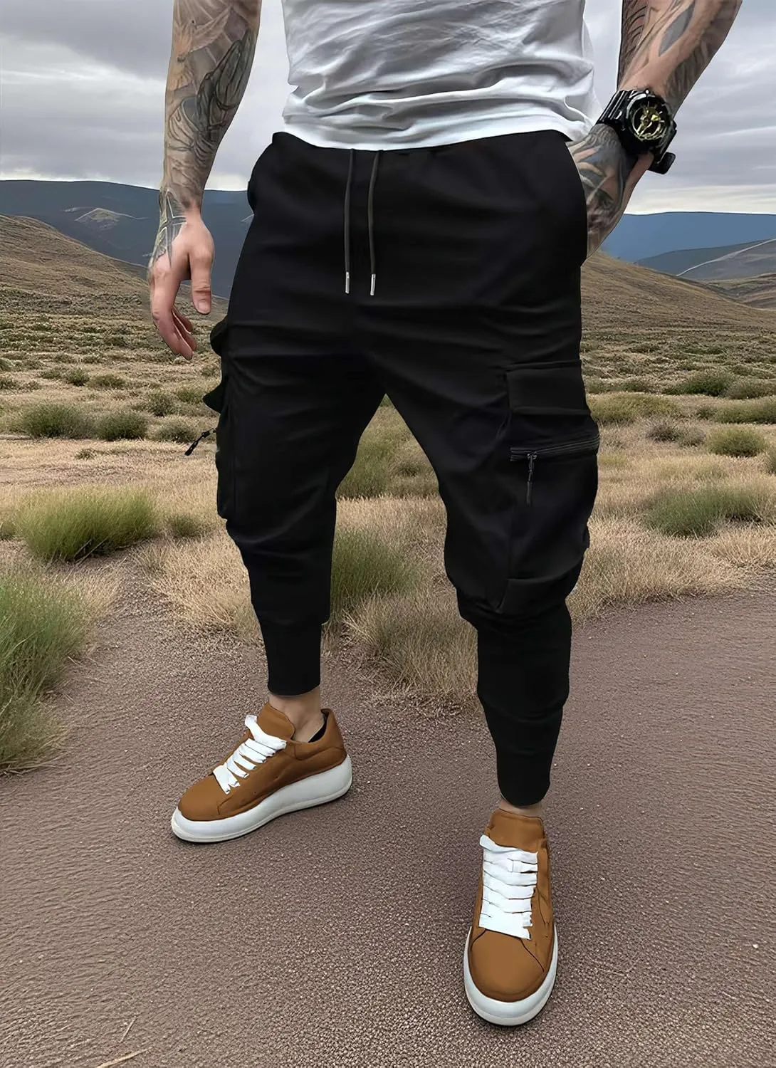Men's Cargo Pants with Elastic Waist - Multi-Pocket Stretch Trousers for Outdoor, Gym Casual Wear