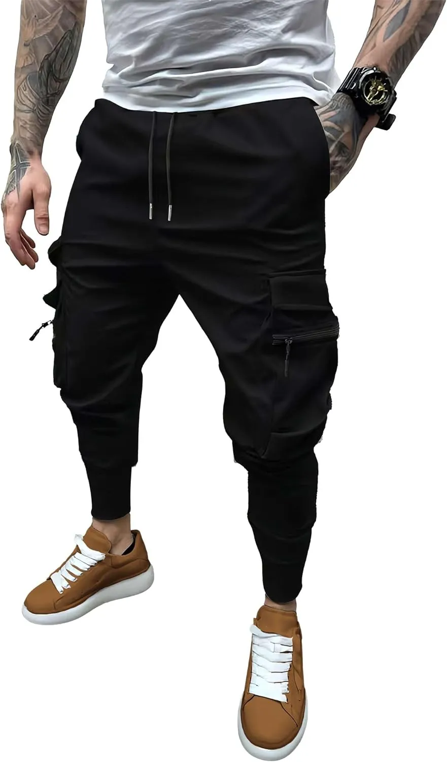 Men's Cargo Pants with Elastic Waist - Multi-Pocket Stretch Trousers for Outdoor, Gym Casual Wear