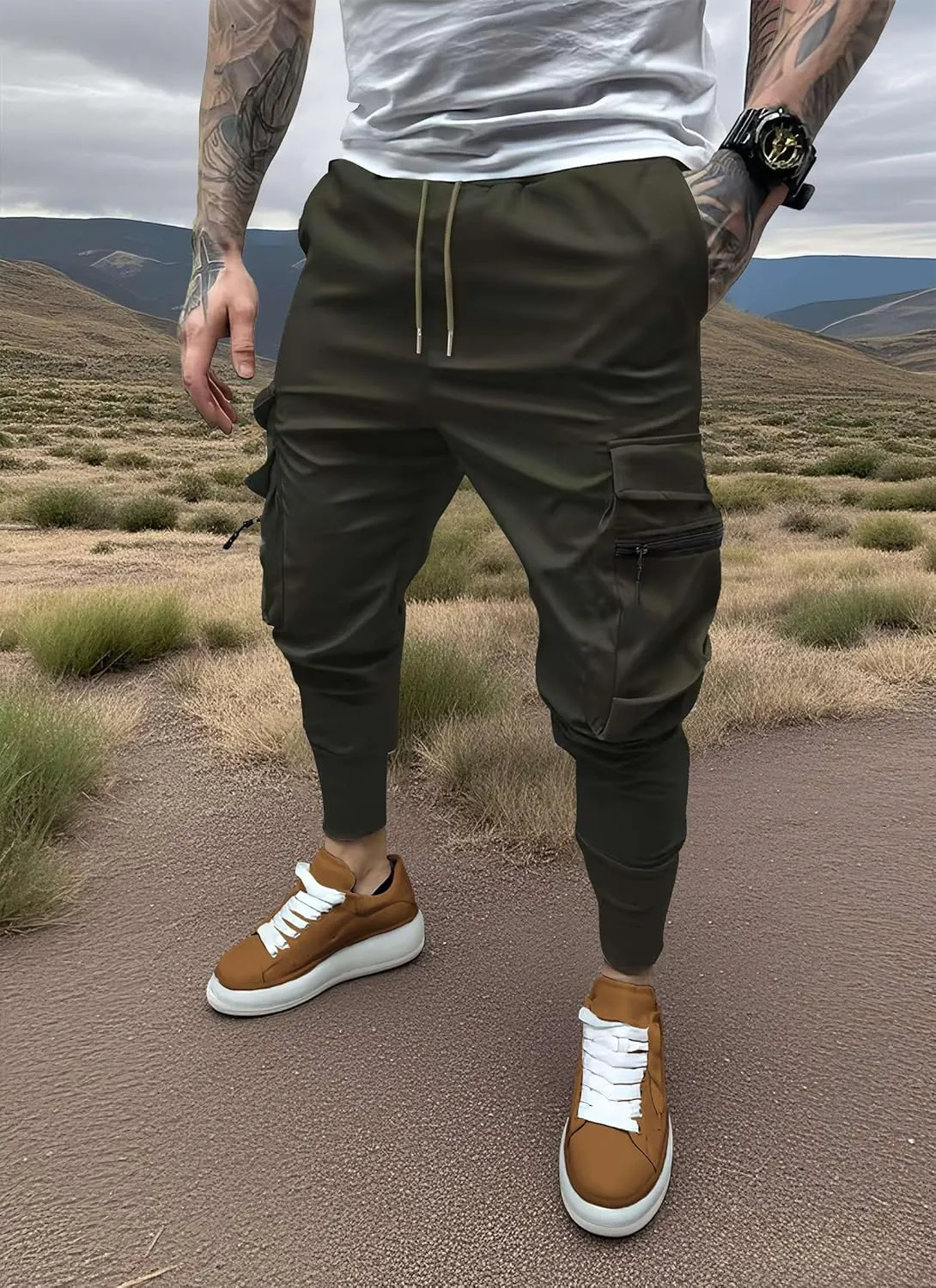 Men's Cargo Pants with Elastic Waist - Multi-Pocket Stretch Trousers for Outdoor, Gym Casual Wear