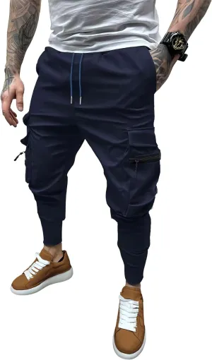 Men's Cargo Pants with Elastic Waist - Multi-Pocket Stretch Trousers for Outdoor, Gym Casual Wear