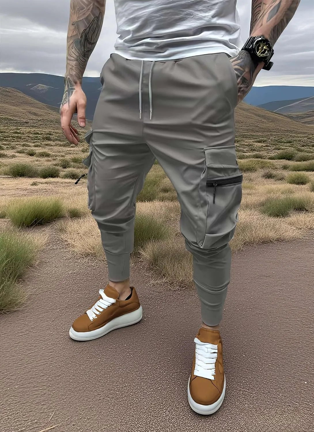 Men's Cargo Pants with Elastic Waist - Multi-Pocket Stretch Trousers for Outdoor, Gym Casual Wear
