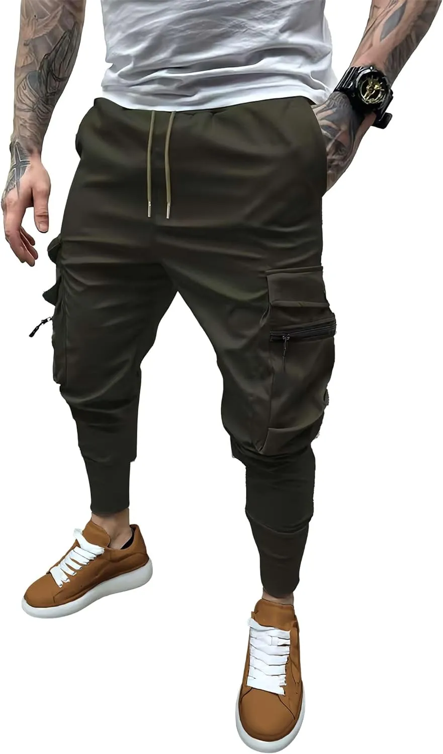Men's Cargo Pants with Elastic Waist - Multi-Pocket Stretch Trousers for Outdoor, Gym Casual Wear