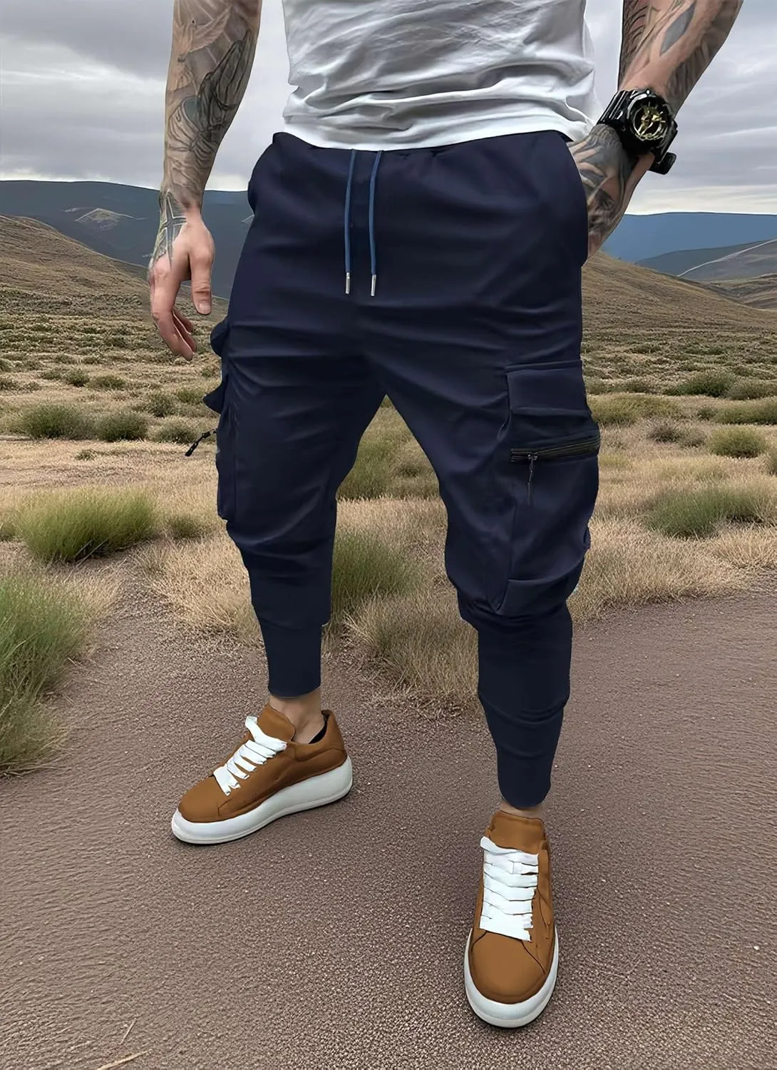 Men's Cargo Pants with Elastic Waist - Multi-Pocket Stretch Trousers for Outdoor, Gym Casual Wear