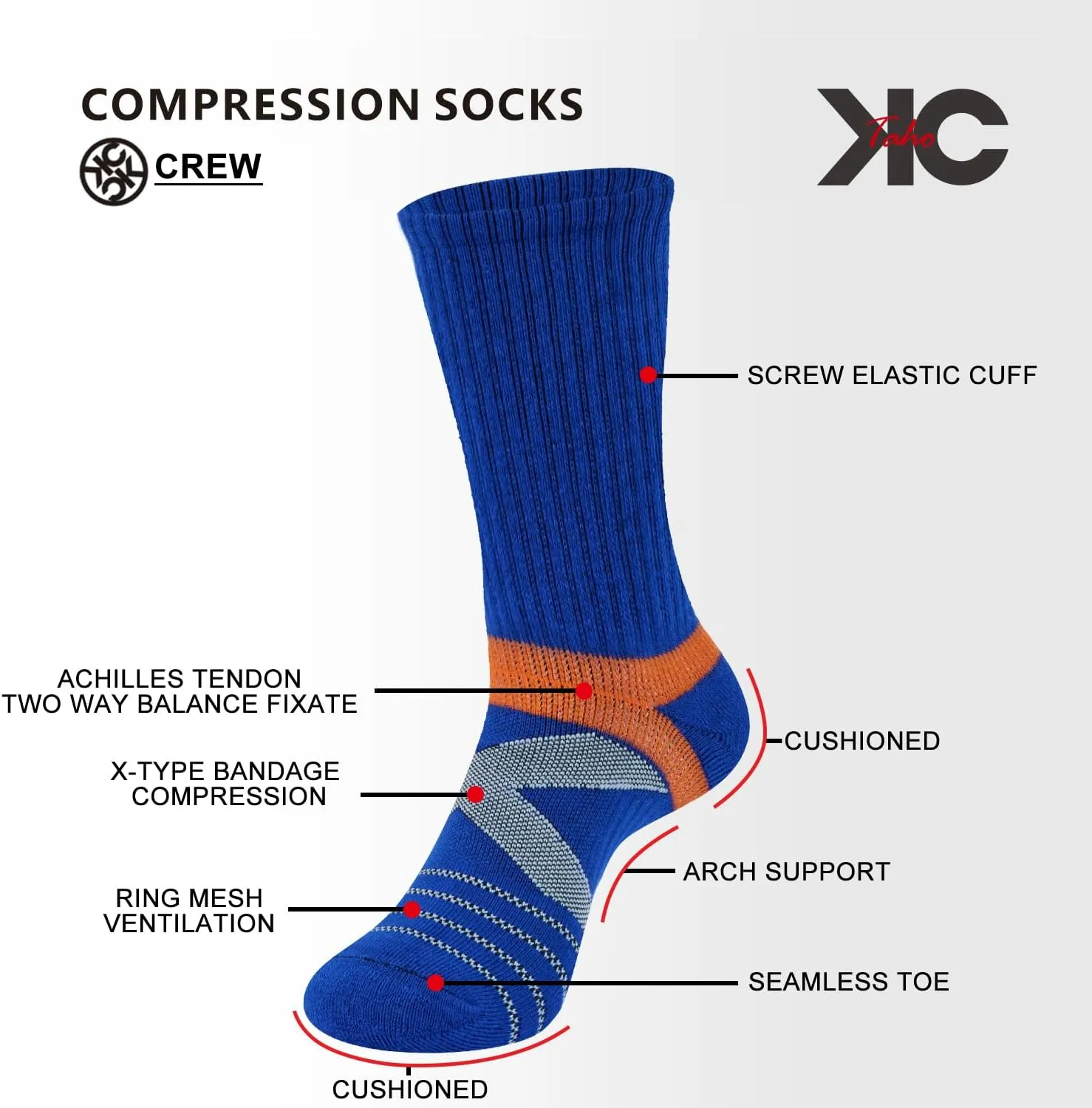 Men's Compression Athletic Cushioned Crew Socks (4 Pairs) Arch Support Hiking Walking Running Socks