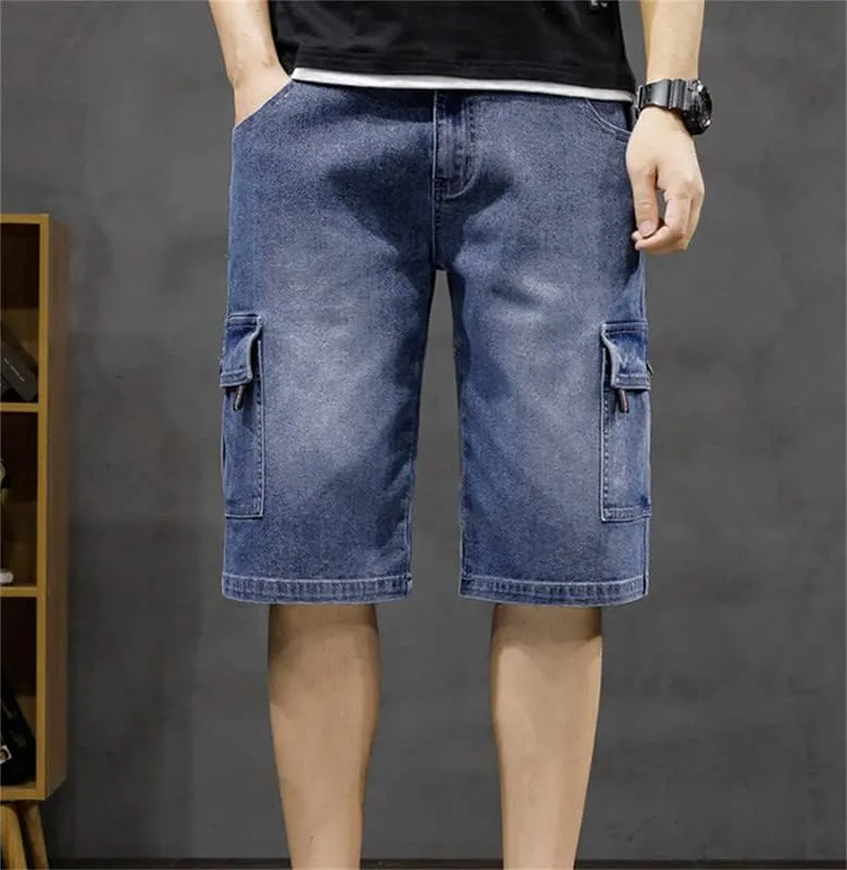 Men's Denim Cargo Shorts Straight Fit Distressed Work Shorts Mid-Waist with Multi Pockets