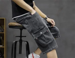 Men's Denim Cargo Shorts Straight Fit Distressed Work Shorts Mid-Waist with Multi Pockets