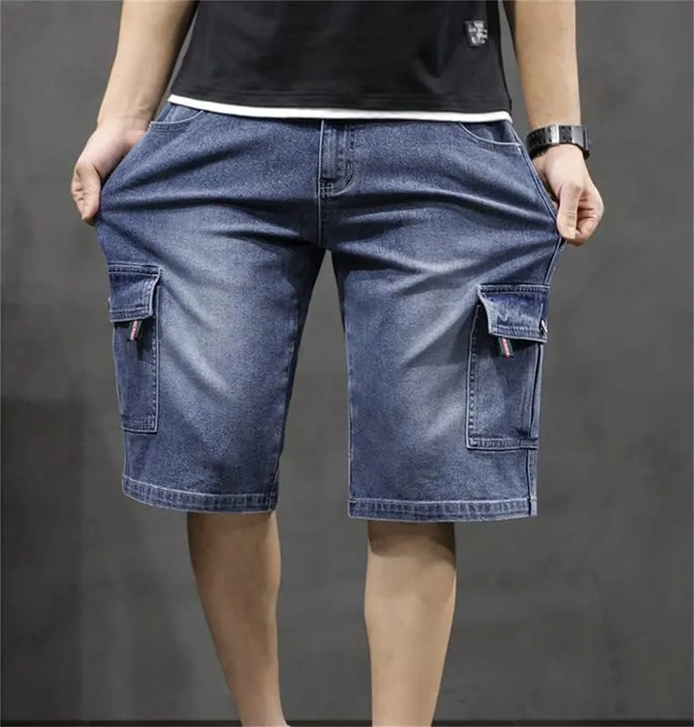 Men's Denim Cargo Shorts Straight Fit Distressed Work Shorts Mid-Waist with Multi Pockets