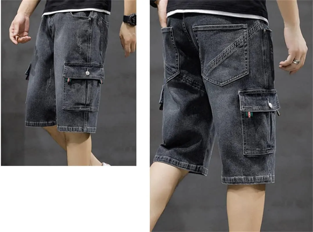 Men's Denim Cargo Shorts Straight Fit Distressed Work Shorts Mid-Waist with Multi Pockets