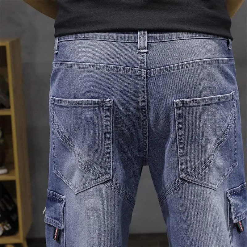 Men's Denim Cargo Shorts Straight Fit Distressed Work Shorts Mid-Waist with Multi Pockets
