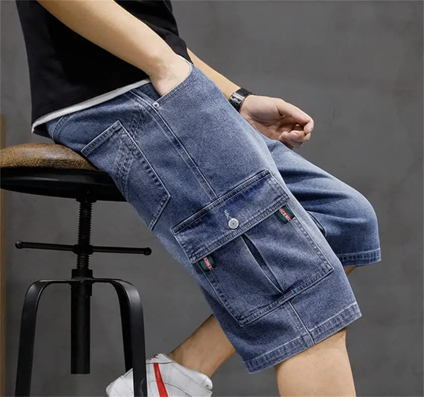 Men's Denim Cargo Shorts Straight Fit Distressed Work Shorts Mid-Waist with Multi Pockets
