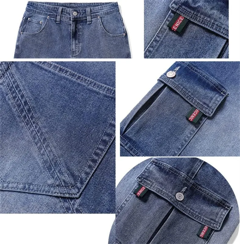 Men's Denim Cargo Shorts Straight Fit Distressed Work Shorts Mid-Waist with Multi Pockets