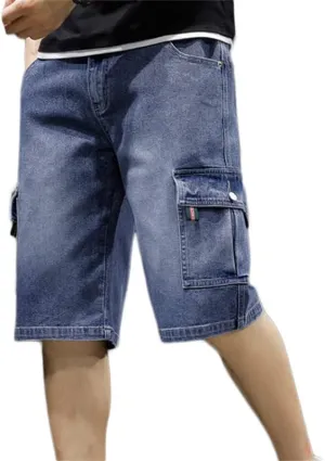 Men's Denim Cargo Shorts Straight Fit Distressed Work Shorts Mid-Waist with Multi Pockets
