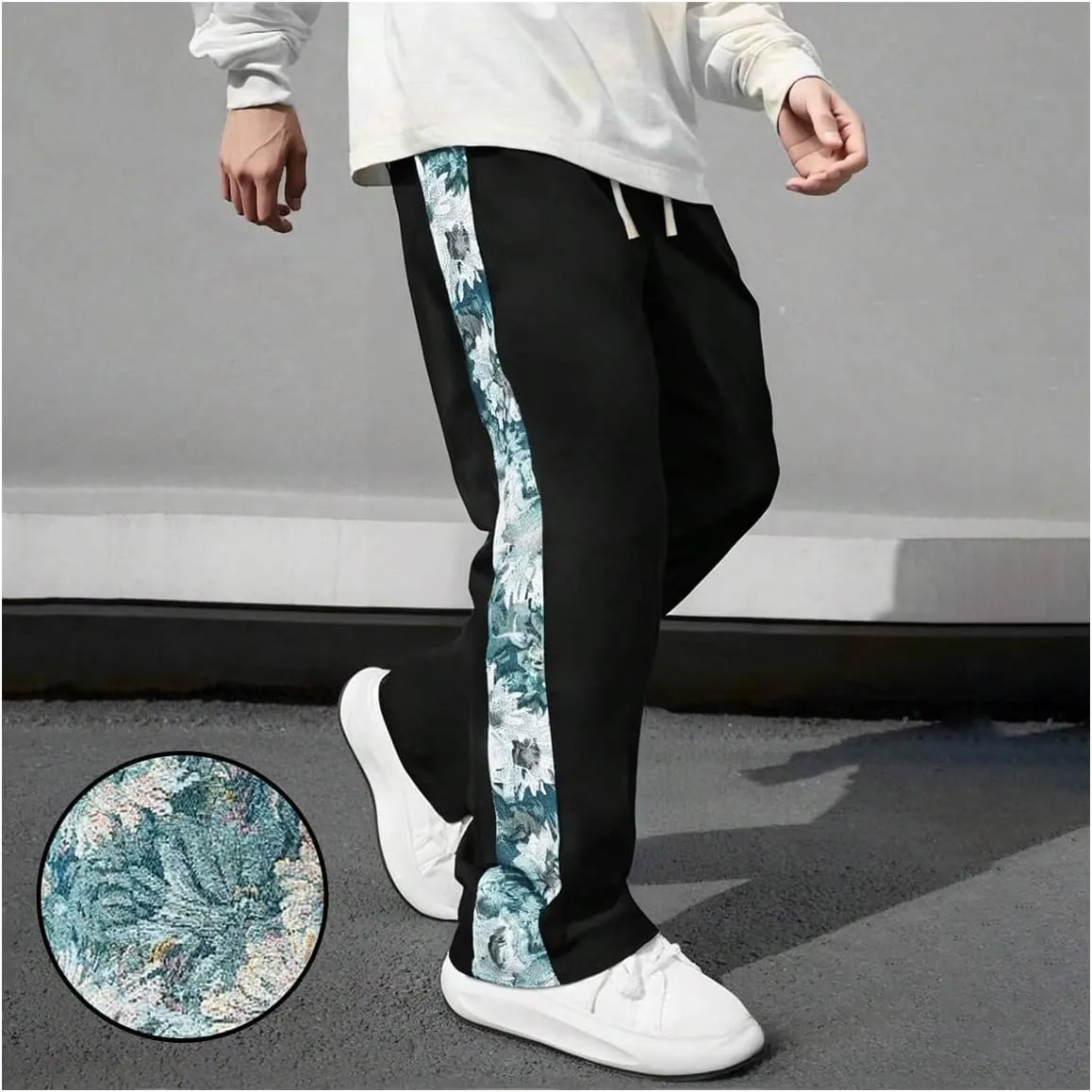 Men's Floral Sweatpants Baggy Straight Leg Track Pants Drawstring Waist Trousers Athletic Pants Streetwear
