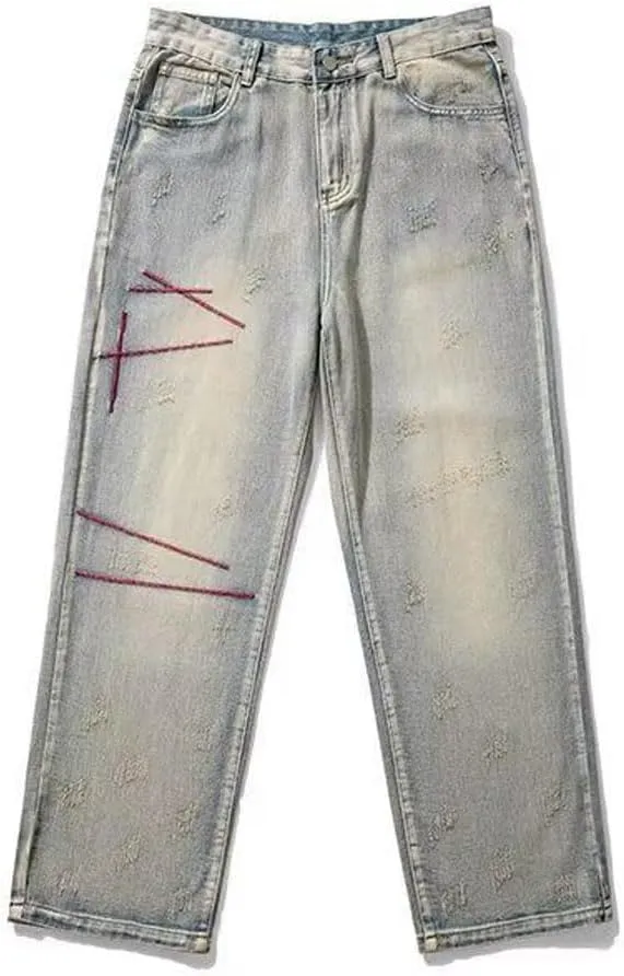 Mens Jeans Straight Leg Relaxed Fit Trendy Y2K Going Out Rock Denim Pants