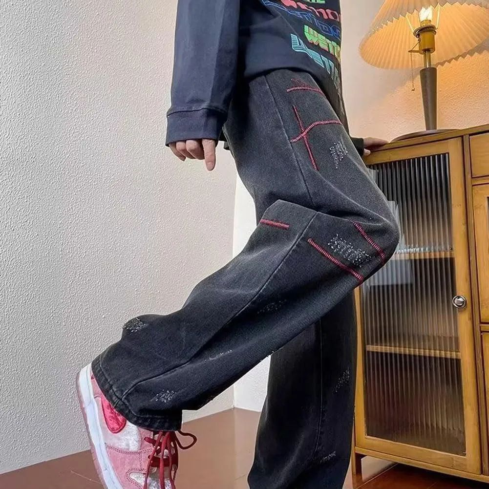Mens Jeans Straight Leg Relaxed Fit Trendy Y2K Going Out Rock Denim Pants