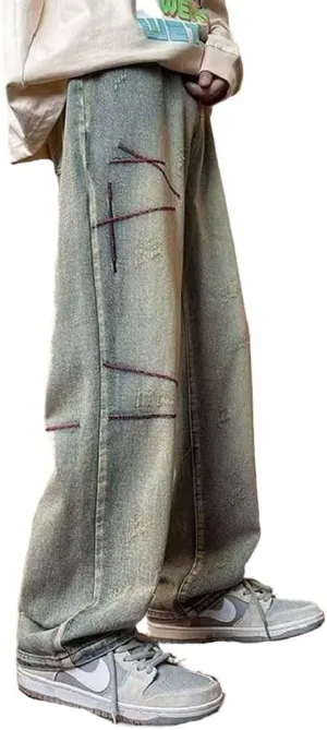 Mens Jeans Straight Leg Relaxed Fit Trendy Y2K Going Out Rock Denim Pants
