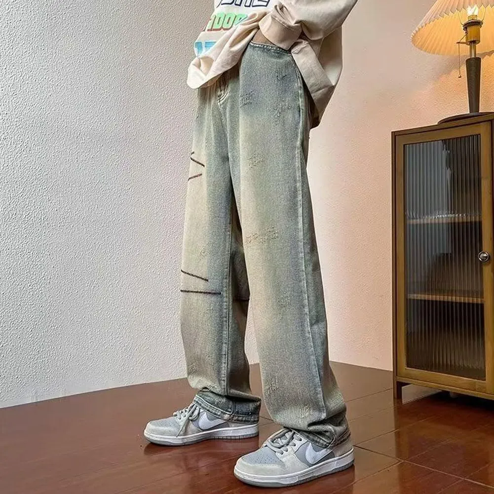 Mens Jeans Straight Leg Relaxed Fit Trendy Y2K Going Out Rock Denim Pants