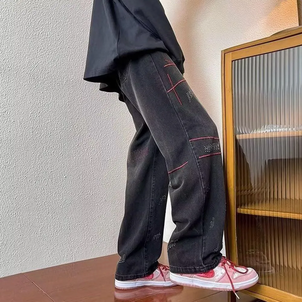 Mens Jeans Straight Leg Relaxed Fit Trendy Y2K Going Out Rock Denim Pants
