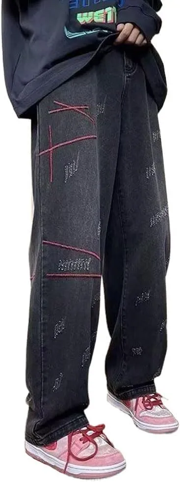 Mens Jeans Straight Leg Relaxed Fit Trendy Y2K Going Out Rock Denim Pants