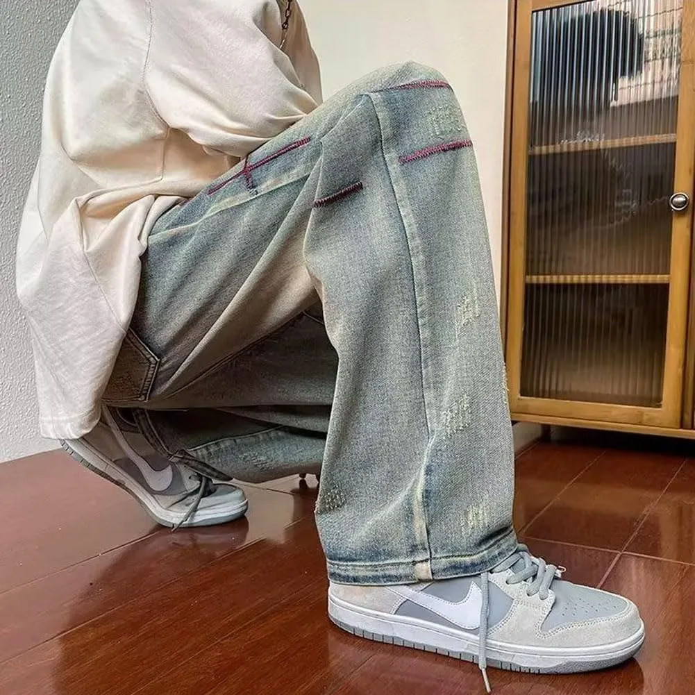 Mens Jeans Straight Leg Relaxed Fit Trendy Y2K Going Out Rock Denim Pants