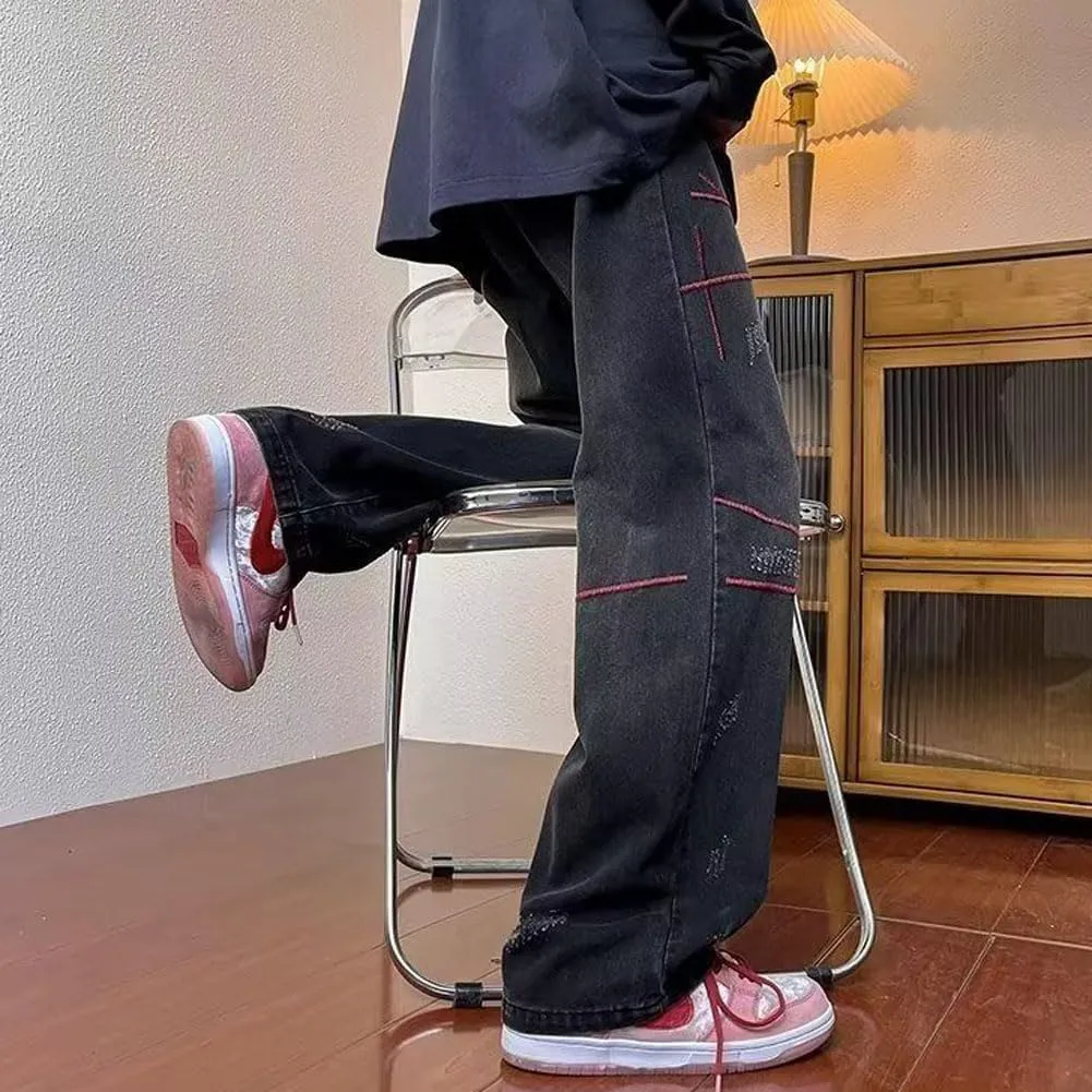Mens Jeans Straight Leg Relaxed Fit Trendy Y2K Going Out Rock Denim Pants