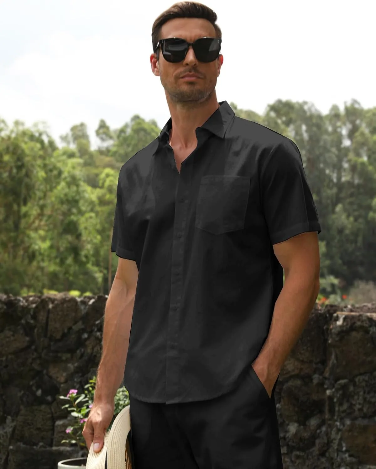 Men's Linen sets 2 Piece Outfits Beach Wedding Clothes Casual Button Down Shirts Yoga Pants Summer Matching Suit