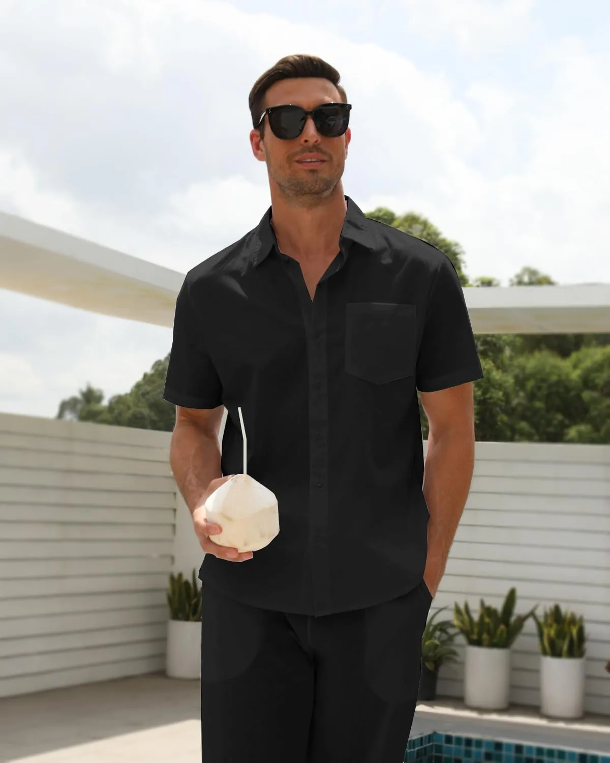 Men's Linen sets 2 Piece Outfits Beach Wedding Clothes Casual Button Down Shirts Yoga Pants Summer Matching Suit
