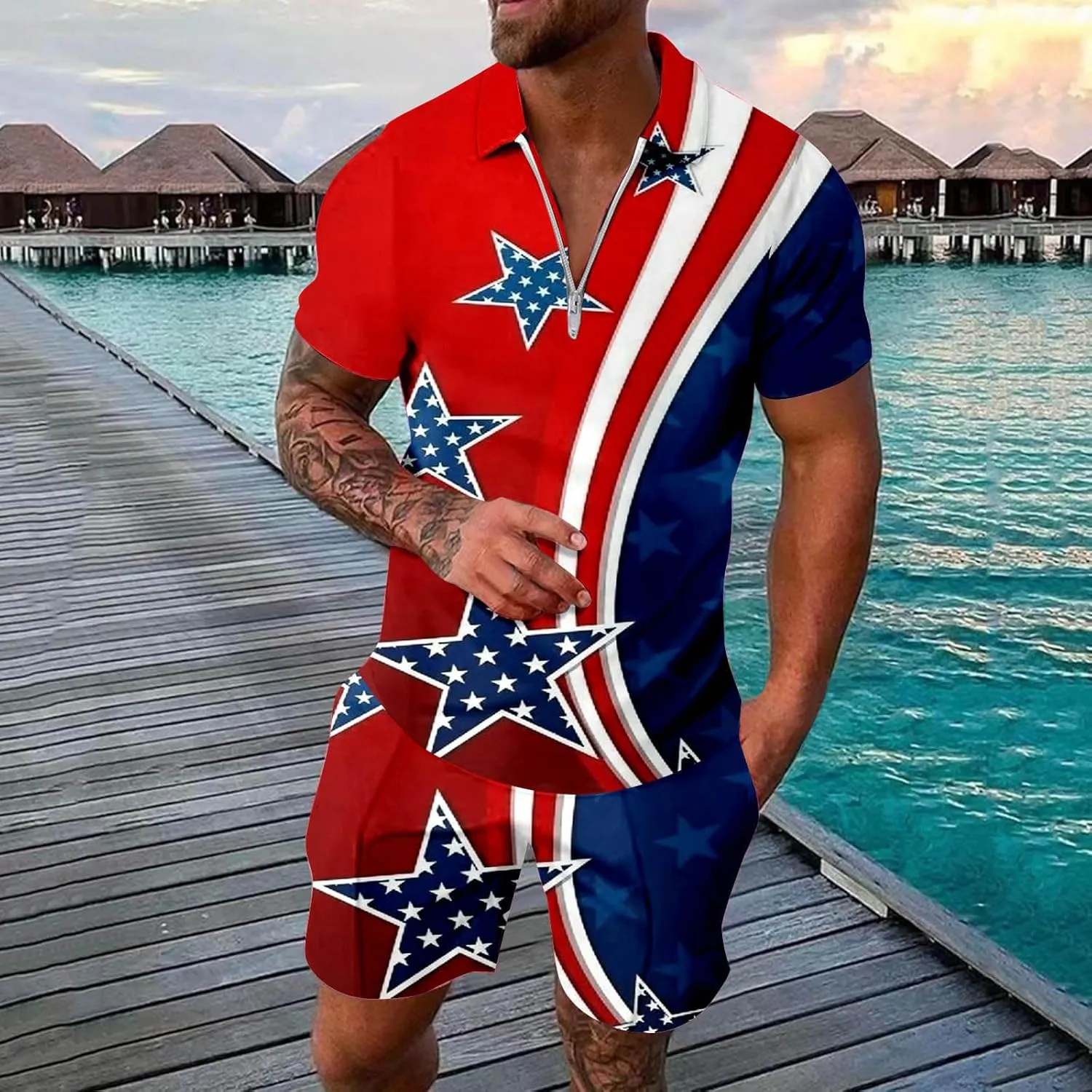 Men's Short Sets 2 Piece Beach Vacation Outfits Casual Summer Beach Jogging Track Suits Matching Polo Shirt and Shorts Sets