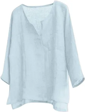 Mens Summer Casual Cotton Linen Shirts V-Neck Yoga Beach Long Sleeve Loose Fit Lightweight Oversize Tees Shirts Tops