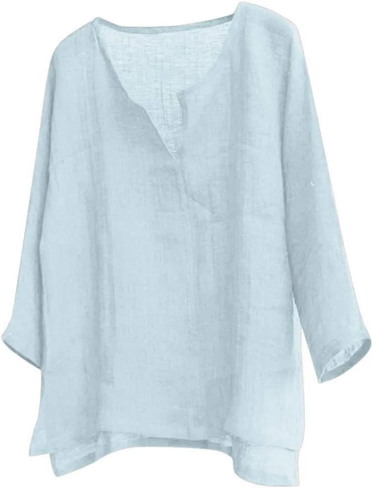 Mens Summer Casual Cotton Linen Shirts V-Neck Yoga Beach Long Sleeve Loose Fit Lightweight Oversize Tees Shirts Tops
