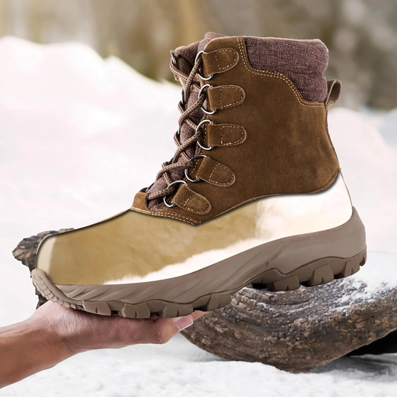 Mens Winter Boots, Leather and Fur Integrated Snow Boots Winter Warm Waterproof High Top Cotton Shoes Anti-Slip Short Boots, Outdoor Cold-Proof Boots