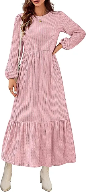 MEROKEETY Women's Fall Long Sleeve Maxi Dresses 2024 Casual Knit Crew Neck Tiered Flowy Pockets Dress