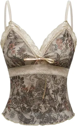 Milumia Women's Vintage Floral Cami Crop Top Lace Trim V Neck Camisoles