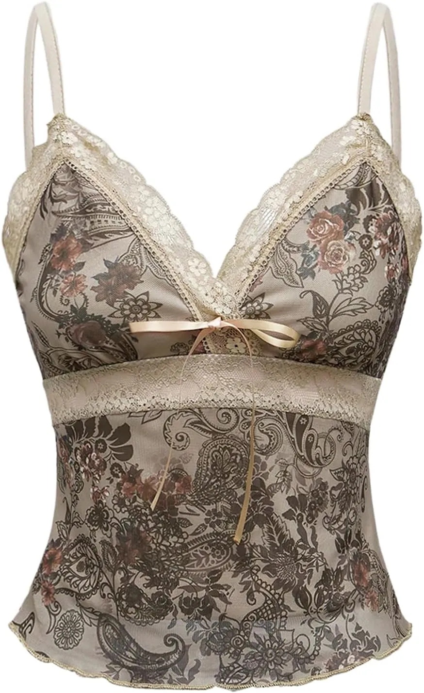 Milumia Women's Vintage Floral Cami Crop Top Lace Trim V Neck Camisoles