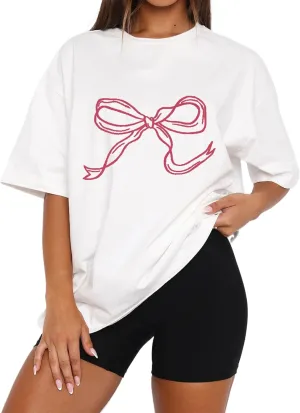 MISSACTIVER Women’s Oversized Bow Graphic T-Shirt Drop Shoulder Short Sleeve Graphics Tee Shirt Casual Outfit Going Out Top