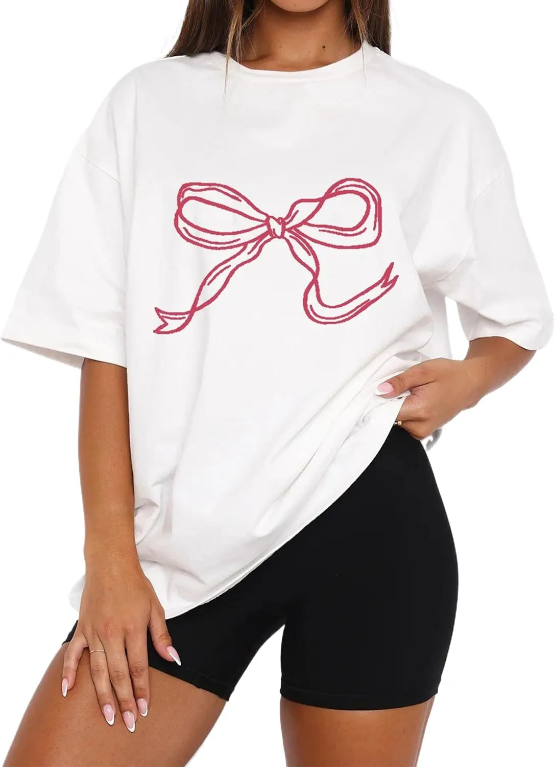 MISSACTIVER Women’s Oversized Bow Graphic T-Shirt Drop Shoulder Short Sleeve Graphics Tee Shirt Casual Outfit Going Out Top