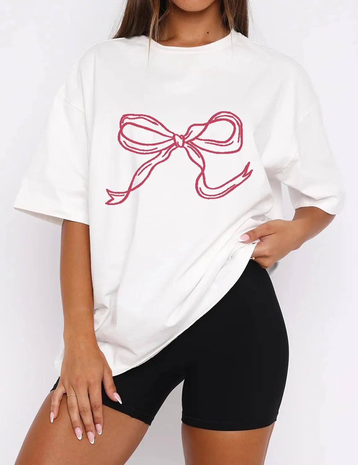 MISSACTIVER Women’s Oversized Bow Graphic T-Shirt Drop Shoulder Short Sleeve Graphics Tee Shirt Casual Outfit Going Out Top