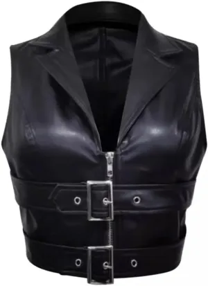 Molilove Women's Zip Up Sleeveless Vest Crop Tops Sexy V Neck Faux Leather Jacket Waistcoat Womens Leather Vest Top