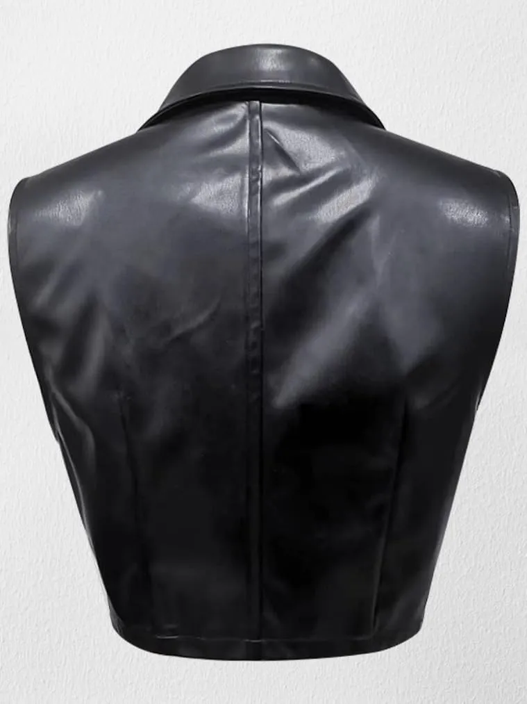 Molilove Women's Zip Up Sleeveless Vest Crop Tops Sexy V Neck Faux Leather Jacket Waistcoat Womens Leather Vest Top