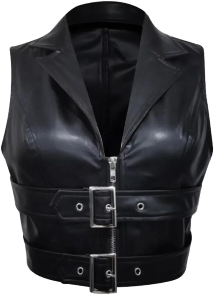 Molilove Women's Zip Up Sleeveless Vest Crop Tops Sexy V Neck Faux Leather Jacket Waistcoat Womens Leather Vest Top