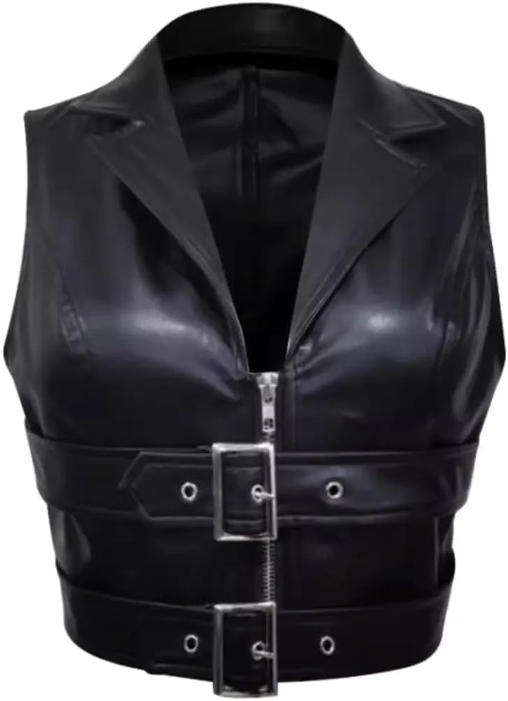 Molilove Women's Zip Up Sleeveless Vest Crop Tops Sexy V Neck Faux Leather Jacket Waistcoat Womens Leather Vest Top