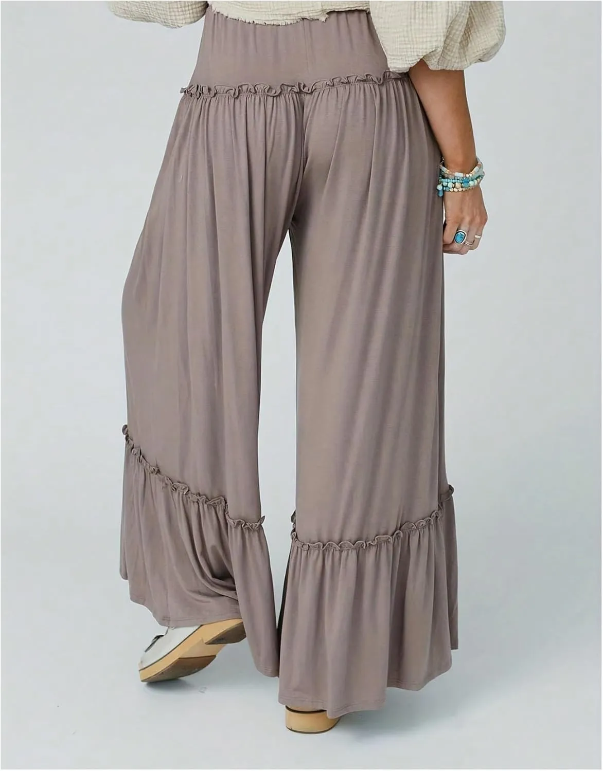 OYOANGLE Women's Boho Elastic Drawstring Waist Ruffle Long Pants Casual Straight Leg Vacation Trousers