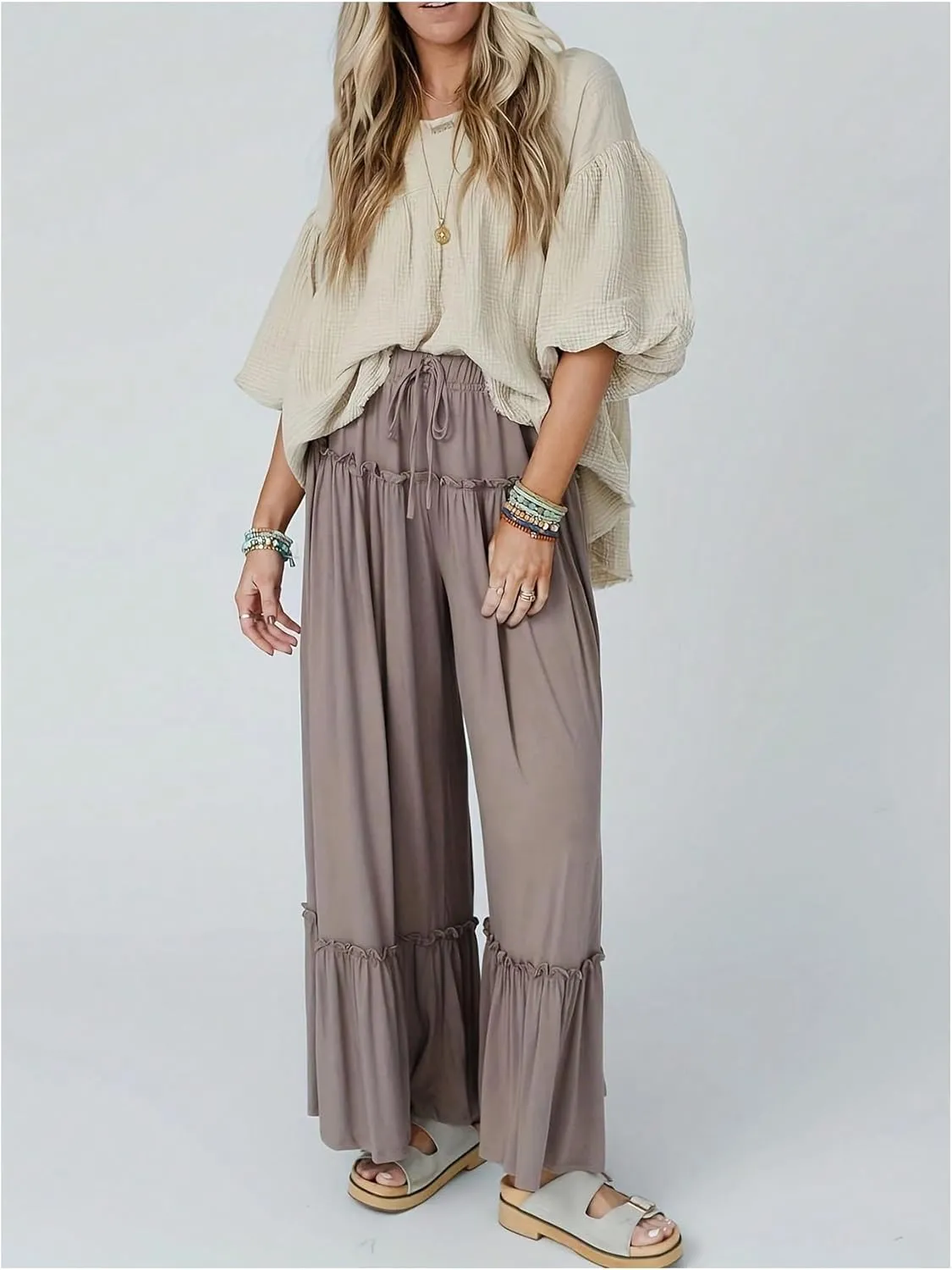 OYOANGLE Women's Boho Elastic Drawstring Waist Ruffle Long Pants Casual Straight Leg Vacation Trousers