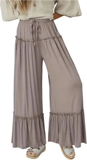 OYOANGLE Women's Boho Elastic Drawstring Waist Ruffle Long Pants Casual Straight Leg Vacation Trousers