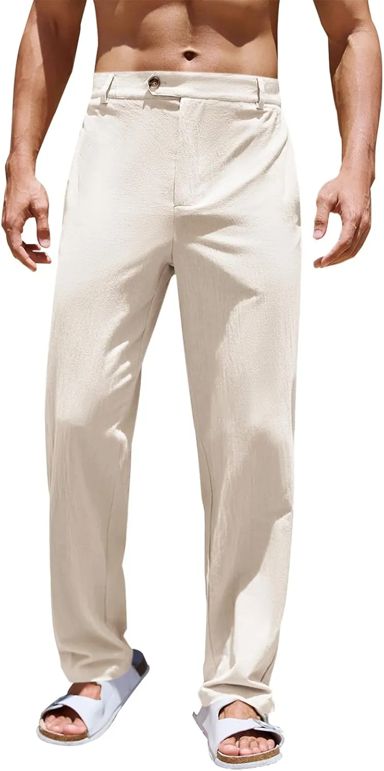 PASLTER Mens Cotton Linen Loose Pant Casual Lightweight Flat-Front Trouser Yoga Beach Pants for Men