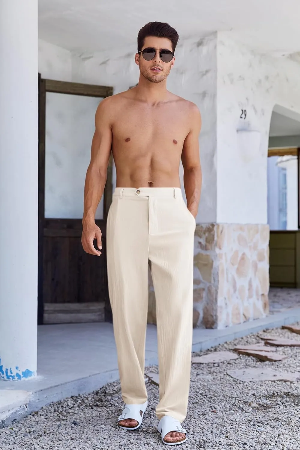 PASLTER Mens Cotton Linen Loose Pant Casual Lightweight Flat-Front Trouser Yoga Beach Pants for Men