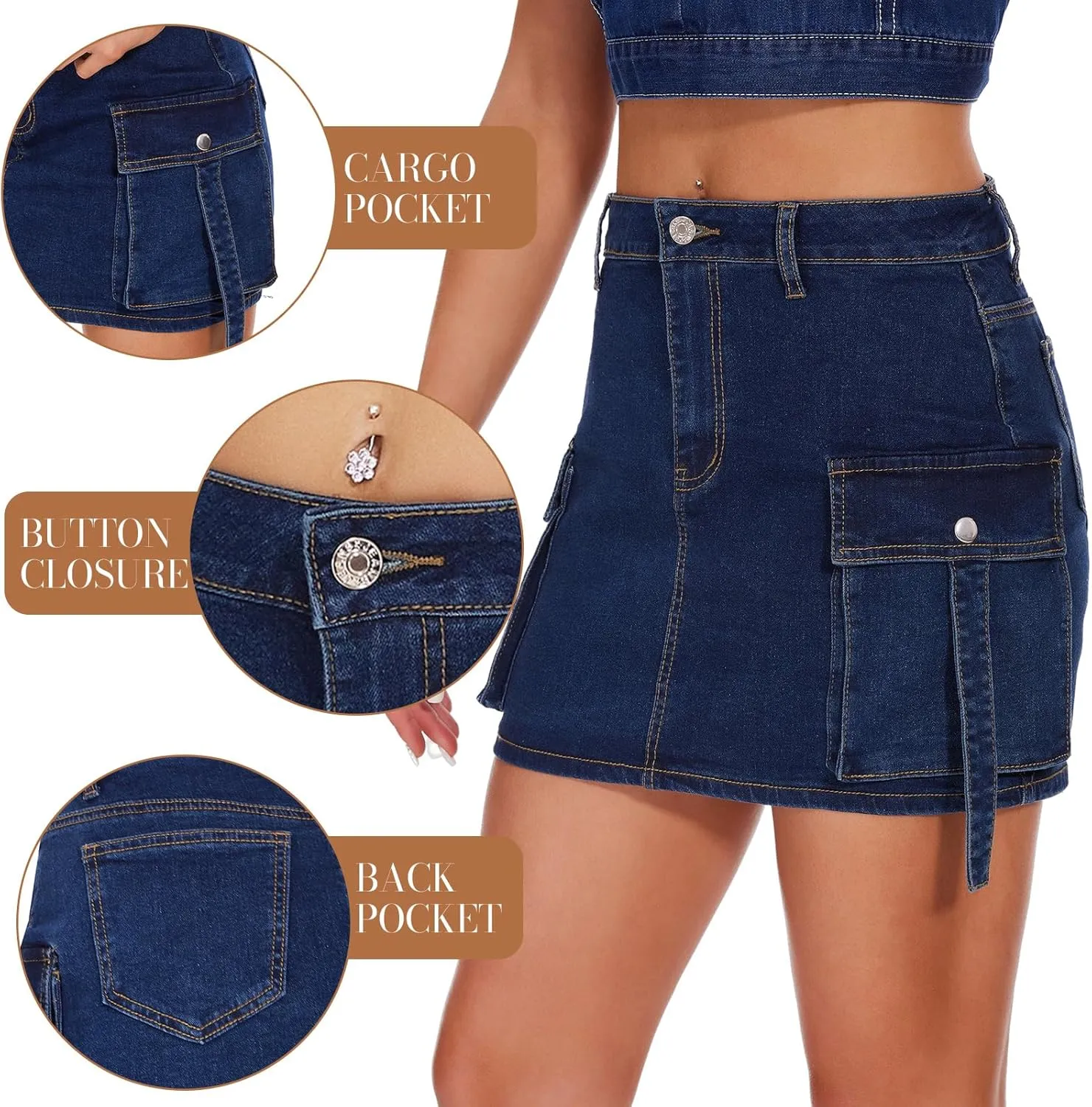 PEIQI Sexy High Waist Cargo Skirt for Women Stretchy Button Mini Cargo Denim Skirt with Pockets